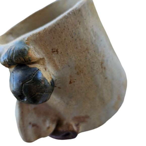 Ugly Face Pottery Mug Big Eyeballs Clay Coffee cup Brown Tan Beige Vintage Heavy - Picture 2 of 10